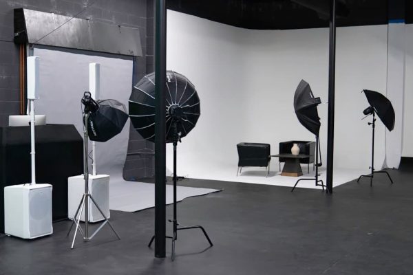 Softbox lights and a portrait backdrop in the VYRE Live photography studio
